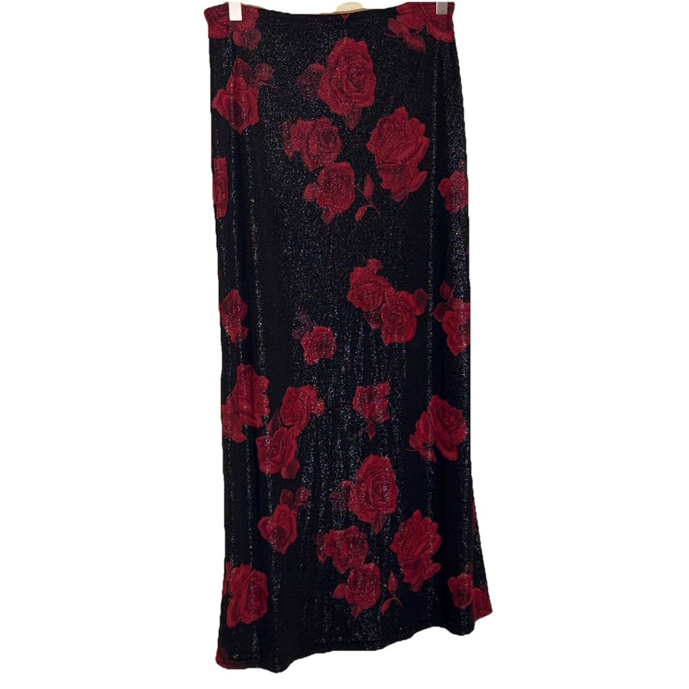 Y2K Slip skirt Maxi womens L Dark Fairy Romantic Roses Black Metallic USA